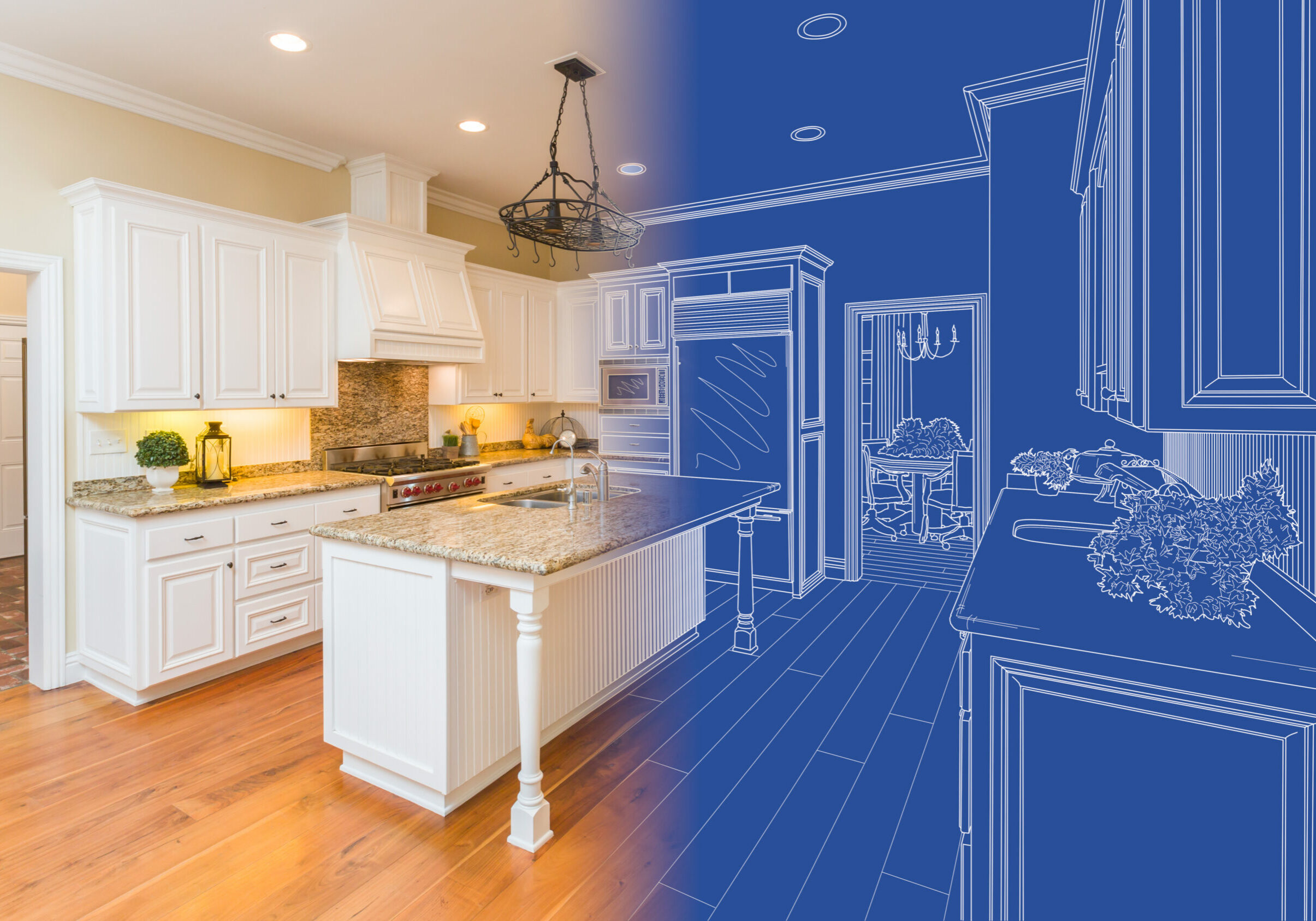 Kitchen Blueprint Drawing Gradating Into Finished Build.